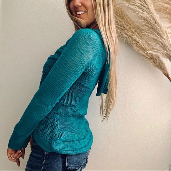 ANTHROPOLOGIE Turquoise Blue Patched Heather Hoodie VNeck Open Weave Sweater XS - Picture 3 of 11